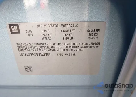 2011 Chevrolet Cruze Ls из США, поврежденный, VIN 1G1PC5SH5B7127884